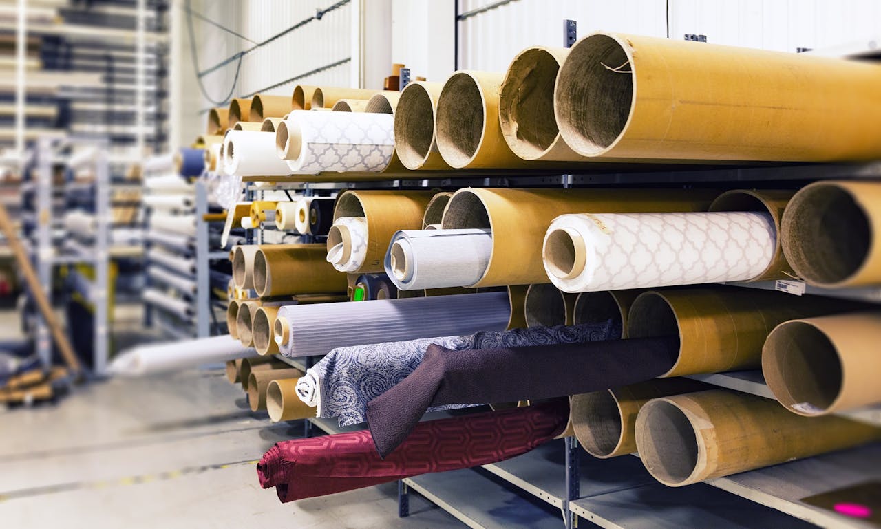 portfolio-03 Rows of textile rolls stored in a factory for industrial manufacturing.